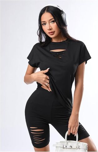 Women's 2 Piece Summer Outfits Ripped Short Dolman Sleeve T Shirts and Biker Shorts Casual Sets in Saudi Arabia