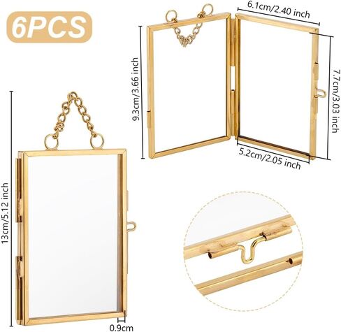 OLYCRAFT 6pcs Wall Hanging Mini Photo Frames 2.6x3.7 Inch Double Glass Picture Frame Gold Folding Frame DIY Vintage Artwork Display Frames for Wall Hanging Pressed Flowers Pictures Home Decor in Saudi Arabia