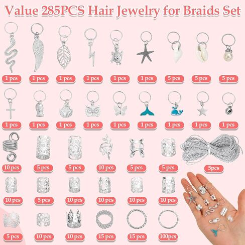 285PCS Gold Hair Jewelry for Braids, Gold Dreadlock Hair Accessories with Pendants Charms, Loc Jewelry for Hair Dreadlocks Rings Cuff Clips Charms for Braid Decoration in Kuwait