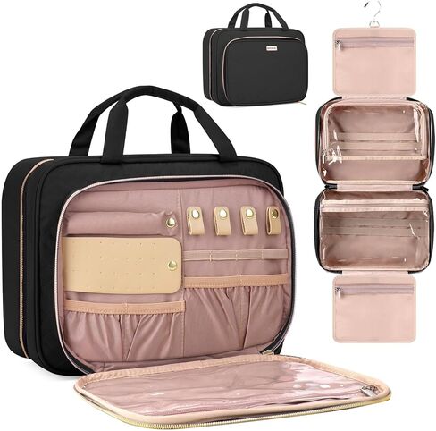 حقيبة زينة للوحدة زينة سفر 8L مع منظم المجوهرات للنساء-2.1 GAL GAL COSMET COSMETIC BAG مع ربط شامبو بحجم كامل الحجم ، أسود ، أسود in Kuwait