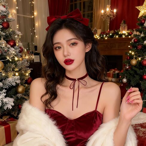 Red Velvet Choker Necklace for Women Vintage Red Bow Choker Necklaces Christmas Necklace Christmas Accessories Jewelry in Kuwait