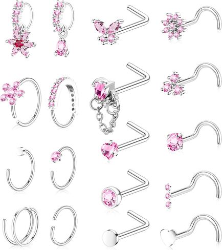 Gold Plated Silver Nose Rings for Women Men Stainless Steel Hypoallergenic Nose Piercing Jewelry 20G L Shaped Corkscrew Nose Rings Hoops Heart Butterfly Flower CZ Nose Studs in Saudi Arabia