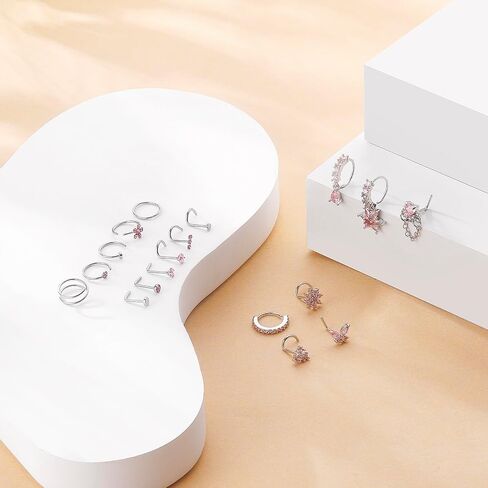 Gold Plated Silver Nose Rings for Women Men Stainless Steel Hypoallergenic Nose Piercing Jewelry 20G L Shaped Corkscrew Nose Rings Hoops Heart Butterfly Flower CZ Nose Studs in Saudi Arabia