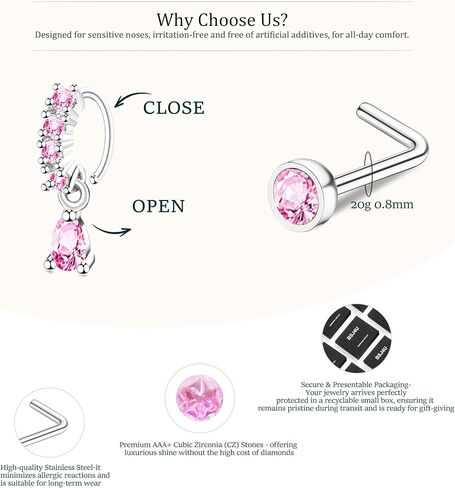 Gold Plated Silver Nose Rings for Women Men Stainless Steel Hypoallergenic Nose Piercing Jewelry 20G L Shaped Corkscrew Nose Rings Hoops Heart Butterfly Flower CZ Nose Studs in Saudi Arabia