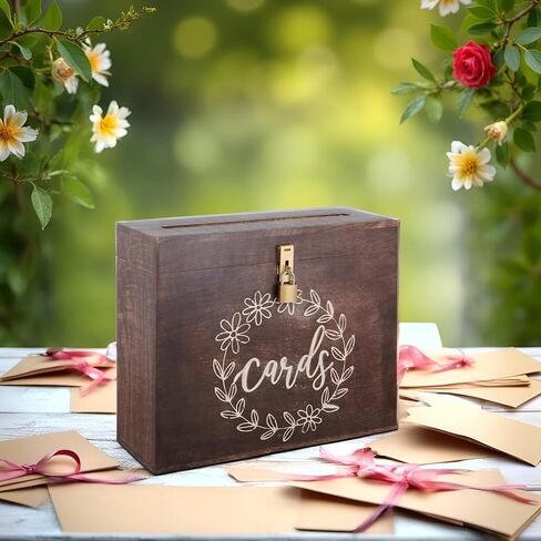 Wedding Card Box with Card Slit and Lock 12"X10"X4.5"- Gift Wishing Well Card Box for Weddings, Receptions, Birthdays, Graduations, Baby Showers, Honeymoon Funds LFBRNT in Saudi Arabia