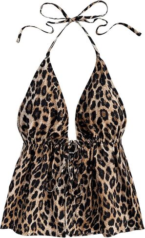 Milumia Women's Leopard Print Backless Halter Top Tie Front Split Hem Peplum Cami Tops in Saudi Arabia