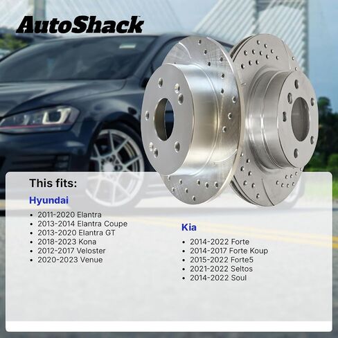 Autoshack Black Hat محفورة ودوارات فرامل متداولة في الأمام والخلفية ، مجموعة استبدال دوار الفرامل الخلفية لـ Kia Soul Seltos Forte5 Forte Koup Hyundai Kona Elantra Coupe Elantra GT Veloster Brkpkg0424 in Kuwait