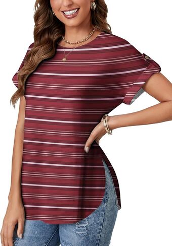 KIFOVEN Women’s Summer Tops Short Sleeve Side Split Tunic T Shirt Crew Neck Button Loose Casual Tees in Saudi Arabia