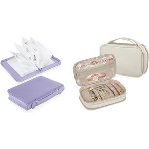 SKYREH Bundle: Jewelry Travel Organizer Case PU Leather Jewelry Storage Book + Double Layer Jewelry Travel Organizer Case for Necklaces, Earrings, Bracelets(Lilac Purple+White)
