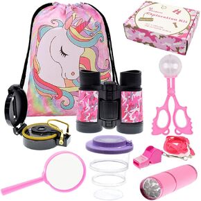 ShaqMars Kids Outdoor Adventure set Unicorn Gifts for Girls，Unicorn Backpack Binoculars Flashlight Compass Magnifying Glass Whistle Gift Box & More Kids Outdoor Toys, Pretend Play. Great Kidz Gift Set