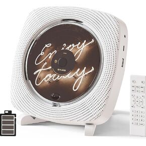 Portable CD Player with Speakers Rechargeable, Bluetooth CD Player for Home and Car, Fm Radio, USB and AUX Ports, Remote Control, Desktop and Wall Mounted, White, Gift