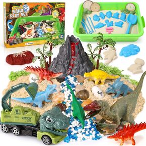 Dinosaur Sensory Bin - 2lbs Magic Sand & Play Set, 10 Dinosaur Sand Molds & 7 Models with Truck, Sandbox, Dino Sensory Toys Birthday Gift for Toddlers Kids Boys Girls Age 3-5-7-8 Years Old