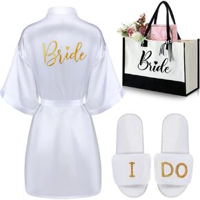 ramede 3 Pcs Women Bride Robe with Slippers Wedding Tote Set Bride Short Satin Robe Bridal Wedding Slippers Canvas Tote Bag for Bride Bachelorette Party Engagement Honeymoon Gift