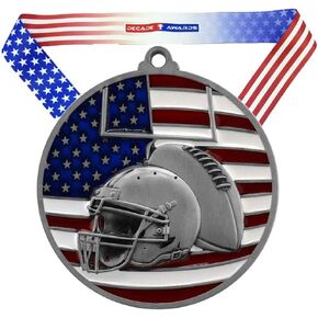 Football Patriotic Medal - 2.75 Inch Wide Gridiron Medallion with Stars and Stripes American Flag V Neck Ribbon - Decade Awards