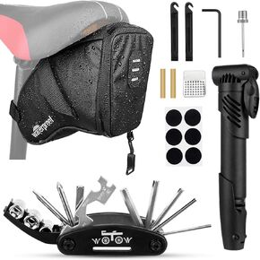 WOTOW Bike Tyre Repair Kits, Waterproof Bicycle Saddle Bag & 120 Psi Mini Pump & Multifunctional Bike Tyre Lever & Self Adhesive Patch Portable Repair Cycling Tool Set for Riding Mountain BMX