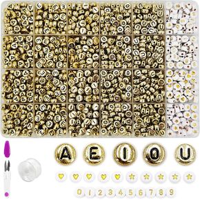 MIIIM 1200pcs Vowel Letter Beads (A, E, I, O, U), 4x7mm Round Letter Beads for Bracelets Making, Alphabet Beads, Number Beads, Heart Beads in 24 Grid Box (White Beads Black Letters)