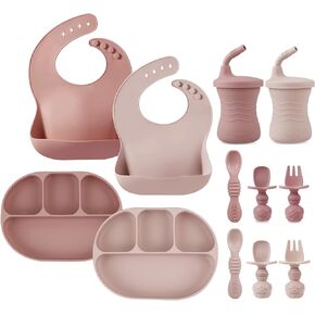 PandaEar 12PCS Silicone Baby Feeding Set | 2 Sectioned Baby Suction Plate, 2 Baby Bibs, 2 Toddler Cup, 4 Baby Spoons & 2 Baby Forks | Baby Led Weaning Supplies
