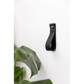 KEYAIIRA - Medium Nicotine Leather Wall Hook, wall hanging strap towel hook for wall leather loop strap for scarf storage boat paddle holder minimal towel bar rack storage (BLACK)