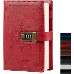TIEFOSSI A5 Leather Journal Notebook with Combination Lock, Travel Sailor Writing Diary Personal Planner Organizers As Gift for Girls Boys Women, 7.87 X 5.51 in