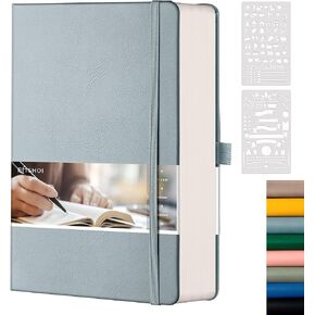 EMSHOI Bullet Dotted Journal Notebook، 320 صفحة A5 مجلة جلدية بغلاف مقوى، ورق سميك 100 جرامًا للمتر المربع خالي من الأحماض، دفتر ملاحظات شبكي منقطة للنساء والرجال، 5.75 بوصة × 8.38 بوصة - كاكي