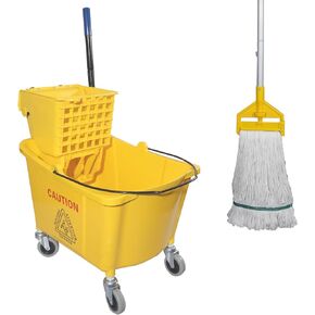 Midoneat Commercial Mop Bucket with Side Press Wringer on Wheels, Including One Commercial Mop, 35 Quart, Yellow