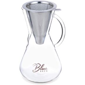 BLUE BREW Pour Over Coffee Maker, 15oz, Borosilicate Glass Carafe, Stainless Steel Paperless Filter (BB1011)
