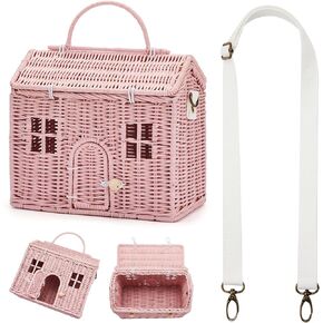 Wettarn Handmade Rattan Doll House Rattan House Shape Shoulder Bag Wicker Basket with Lid for Doll Toys Rattan Storage Basket Small Dollhouses Cute Woven Handcrafted Artwork Gift, Pink