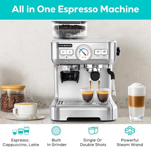 CASABREWS Espresso Machine with Grinder, Professional Espresso Maker with Milk Frother Steam Wand, 20 Bar Barista Cappuccino Machine with LCD Display for Lattes, Gift for Dad Mom Wife or Coffee Lover in Saudi Arabia
