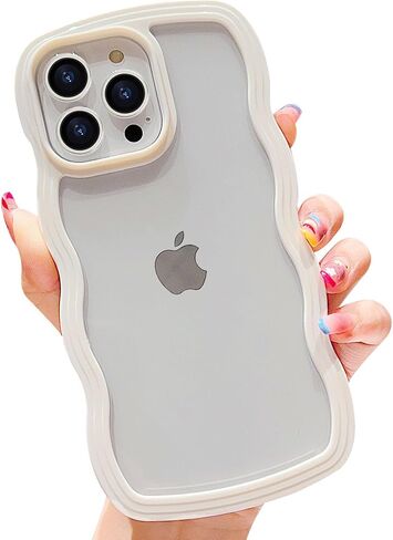 Fxlzcw Cute Clear Curly Wave Frame Compatible with iPhone 15 Pro, Slim Thin Soft Silicone Case - White in Saudi Arabia