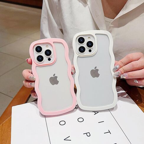 Fxlzcw Cute Clear Curly Wave Frame Compatible with iPhone 15 Pro, Slim Thin Soft Silicone Case - White in Saudi Arabia
