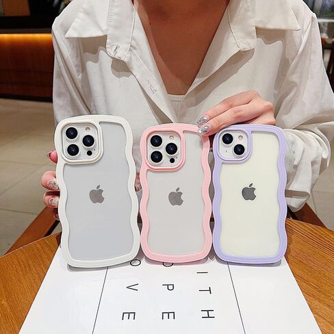 Fxlzcw Cute Clear Curly Wave Frame Compatible with iPhone 15 Pro, Slim Thin Soft Silicone Case - White in Saudi Arabia