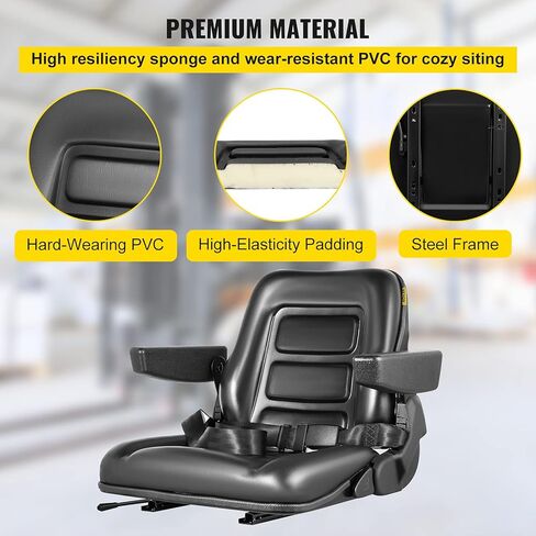 VEVOR Universal Forklift Seat Black PVC Tractor Seat, 6"/150MM Adjustable Mower Seat Foldable Seat Including Armrests, Seat Belt, Seat Switch, Skid Steer Seat Fit Forklift, Tractor, Skid Loader in Saudi Arabia