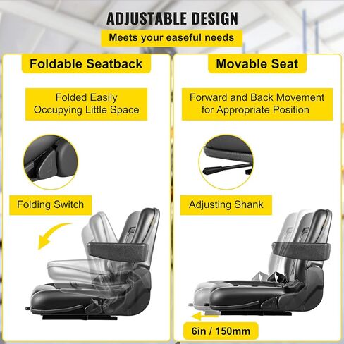 VEVOR Universal Forklift Seat Black PVC Tractor Seat, 6"/150MM Adjustable Mower Seat Foldable Seat Including Armrests, Seat Belt, Seat Switch, Skid Steer Seat Fit Forklift, Tractor, Skid Loader in Saudi Arabia