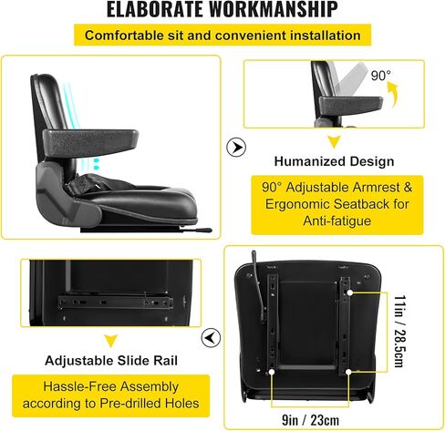 VEVOR Universal Forklift Seat Black PVC Tractor Seat, 6"/150MM Adjustable Mower Seat Foldable Seat Including Armrests, Seat Belt, Seat Switch, Skid Steer Seat Fit Forklift, Tractor, Skid Loader in Saudi Arabia