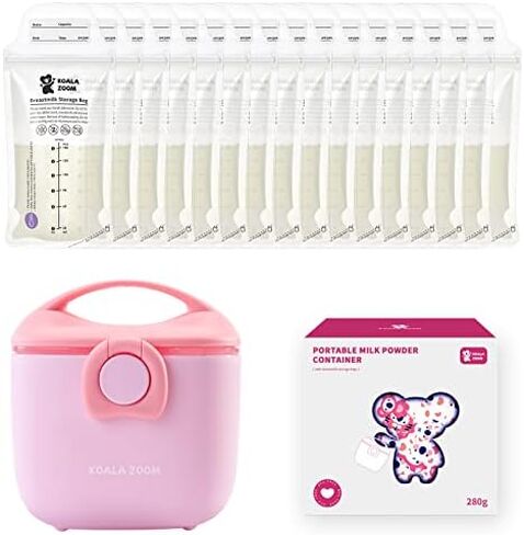 KoalaZoom Formula Dispenser with Breastmilk Storage Bags (30 Count), Baby Formula Dispenser Snack Container On The Go with Carry Handle and Scoop for Travel Storage, Holds 9.9oz/280g (Pink) in Saudi Arabia