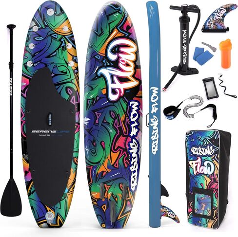 SereneLife Inflatable Stand Up Paddle Board-10Ft. Graffiti Standup SUP Paddle Board w/Oar, Air Pump, Ankle Leash, Paddleboard Repair Kit, Waterproof Mobile Phone Case, Storage/Carry Bag SLSUPB636.5 in Saudi Arabia