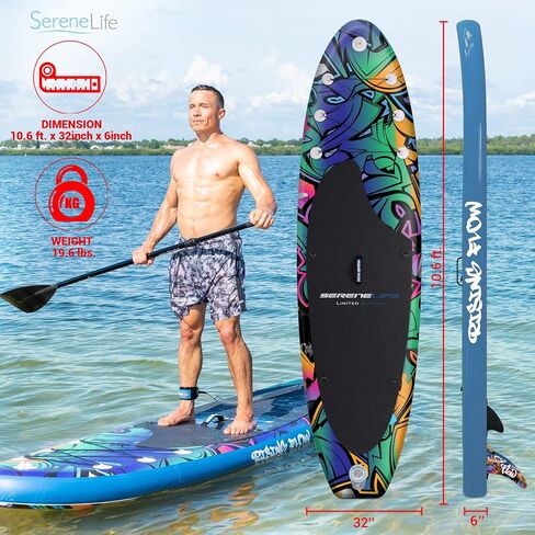 SereneLife Inflatable Stand Up Paddle Board-10Ft. Graffiti Standup SUP Paddle Board w/Oar, Air Pump, Ankle Leash, Paddleboard Repair Kit, Waterproof Mobile Phone Case, Storage/Carry Bag SLSUPB636.5 in Saudi Arabia
