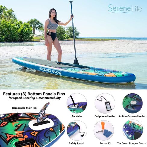 SereneLife Inflatable Stand Up Paddle Board-10Ft. Graffiti Standup SUP Paddle Board w/Oar, Air Pump, Ankle Leash, Paddleboard Repair Kit, Waterproof Mobile Phone Case, Storage/Carry Bag SLSUPB636.5 in Saudi Arabia