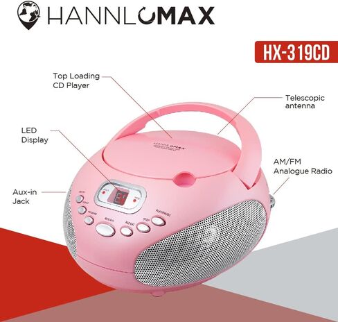 HANNLOMAX HX-319CD Portable CD Boombox, AM/FM Radio, LED Display, Aux-in Jack, AC/DC Dual Power Source (Pink) in Saudi Arabia