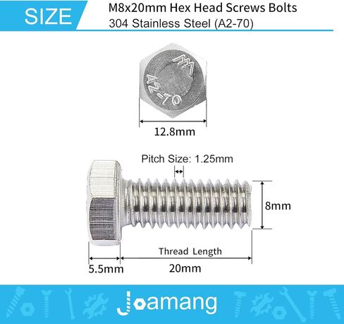 Joamang M8 x 20mm Hex Head Screw Bolt, 304 Stainless Steel(A2-70), Bright Finish, Fully Threaded, Hexagon Head Bolts, Quantity 20 in Saudi Arabia
