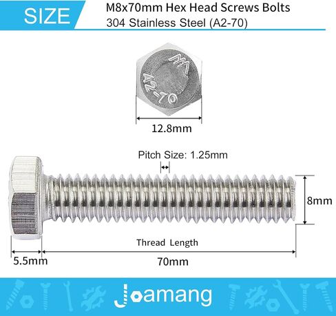 Joamang M8 x 20mm Hex Head Screw Bolt, 304 Stainless Steel(A2-70), Bright Finish, Fully Threaded, Hexagon Head Bolts, Quantity 20 in Saudi Arabia