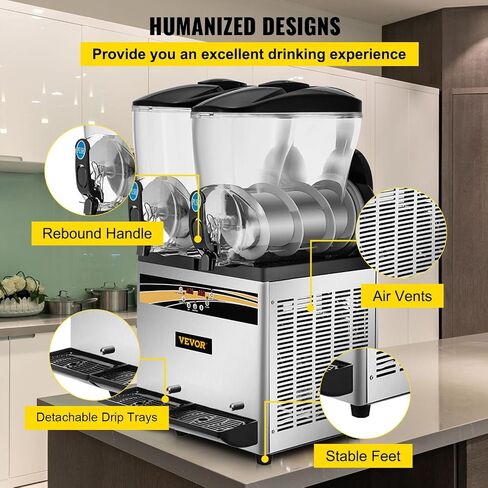 VEVOR Commercial Slushy Machine, 15Lx2 Tank Margarita Maker, 1000W Stainless Steel Smoothie Frozen Drink Maker for Supermarkets Cafés Restaurants Bars Home Use in Saudi Arabia