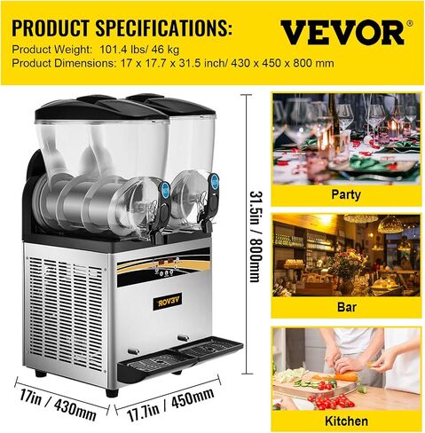 VEVOR Commercial Slushy Machine, 15Lx2 Tank Margarita Maker, 1000W Stainless Steel Smoothie Frozen Drink Maker for Supermarkets Cafés Restaurants Bars Home Use in Saudi Arabia