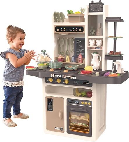 Kitchen Playset for Toddlers - Pretend Food, Real Sounds & Lights, Play Sink, Cooking Stove with Steam for Boys and Girls, Red in Saudi Arabia
