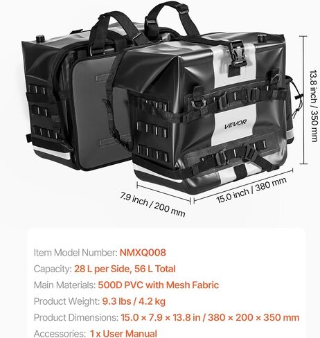 VEVOR Motorcycle Saddlebags, 30L (15L x 2) Large Capacity Saddle Bag Compatible with Grom (2022-2025), Navi, Z125 and Most Motorcycles, Sport Motorbike Side Bag with Waterproof Rain Cover and Straps in Saudi Arabia