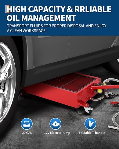 Peakpursuit 20 جالون تصريف الزيت ، مقلاة تصريف الزيت المنخفضة مع مضخة كهربائية 110 فولت 8 أقدام ومقبض قابلة للطي للسيارات والشاحنات وسيارات الدفع الرباعي و RVS in Kuwait