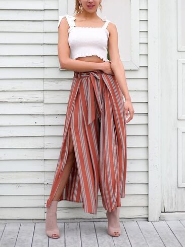 Simplee Women's Casual Split Wide Leg Pants High Waist Palazzo Flowy Beach Pants Summer Boho Lounge Pants with Pockets in Saudi Arabia