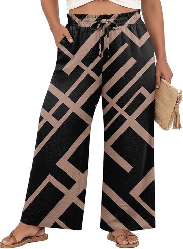 OLRIK Plus Size Wide Leg Pants High Waisted Pants Breathable Casual Trousers for Women Black Stripe-1X in Kuwait