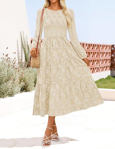 ZESICA Women's Fall Boho Floral Midi Dress 2025 Casual Long Sleeve Crewneck Flowy Wedding Guest Long Dresses in Saudi Arabia