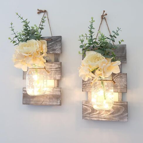Besuerte Rustic Wall Decor, Wall Hanging Decor Farmhouse Wall Sconces Set of Two with LED Fairy Lights and Pink Flowers, Wall Decor for Dining Room, Living Room, Home Decor(Large,Rustic Gray) in Kuwait
